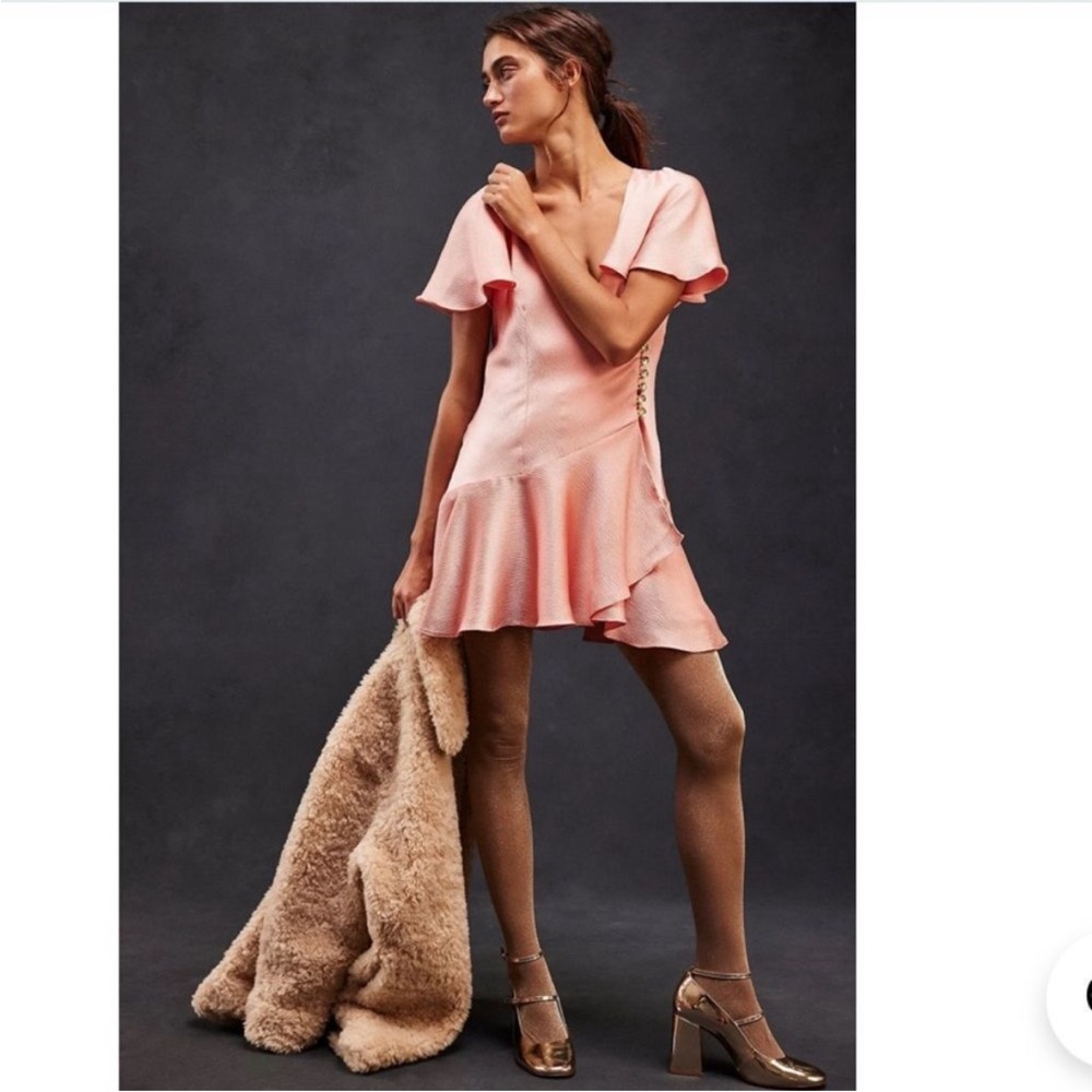Free People Dress Scarlett Satin Ruffle Wrap Mini‎ Peach Size XL NWT - Picture 4 of 11